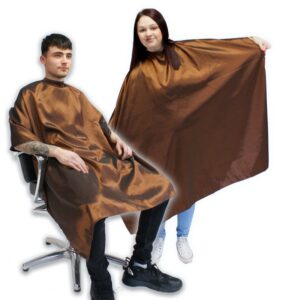 Two models, one male and one female, wearing Hair Tools Two-Tone Unisex Cutting Gowns in Chestnut