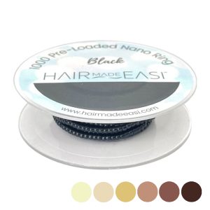 Product: string of 1000 Black Hair Made Easi Silicone-Lined Pre-Loaded Nano Rings on roll, with digital swatches showing colours available
